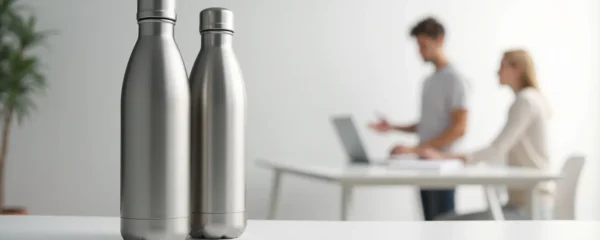 Une gourde personnalisée brillante utilisée par plusieurs collaborateurs dans un environnement professionnel moderne, symbolisant l'unité et l'appartenance à la marque