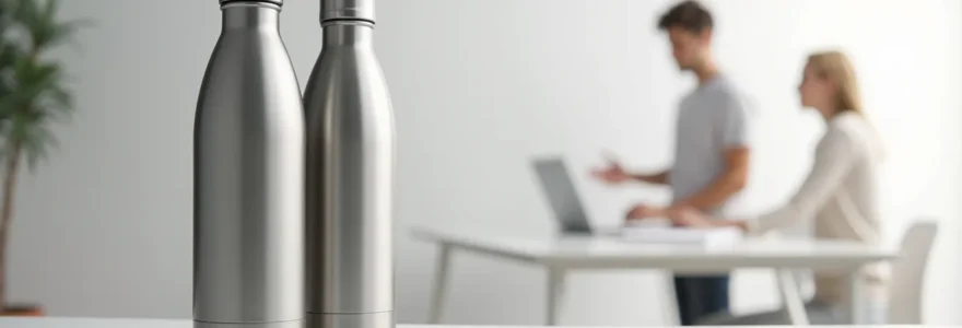 Une gourde personnalisée brillante utilisée par plusieurs collaborateurs dans un environnement professionnel moderne, symbolisant l'unité et l'appartenance à la marque