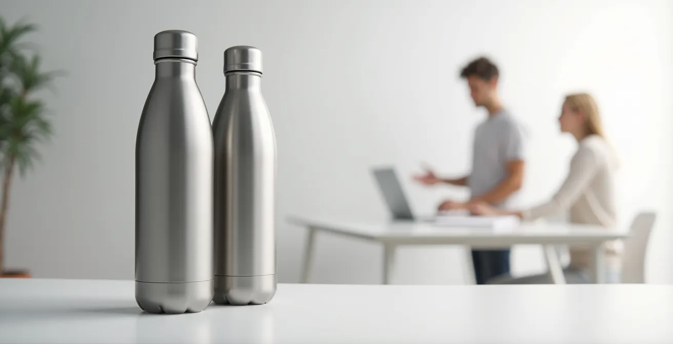 Une gourde personnalisée brillante utilisée par plusieurs collaborateurs dans un environnement professionnel moderne, symbolisant l'unité et l'appartenance à la marque