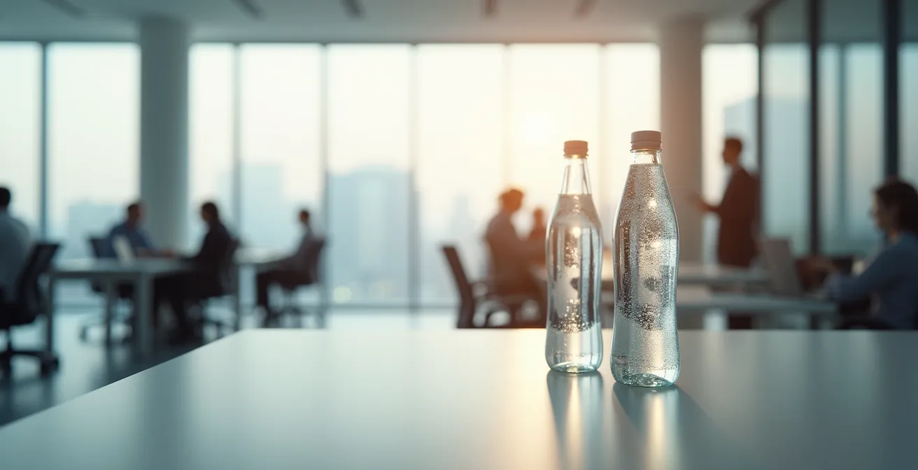 Une gourde identique en arrière-plan flou sur plusieurs bureaux, créant un sentiment de cohésion et de reconnaissance collective visible quotidiennement