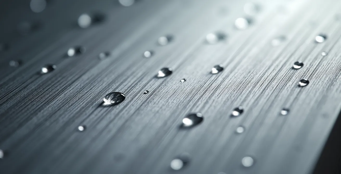 Gros plan détaillé sur la surface brossée d'une gourde inox, révélant les microstructures et la finition premium du matériau